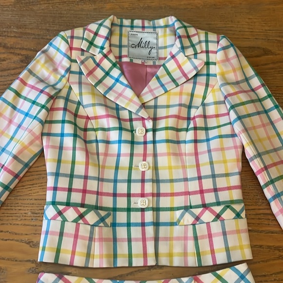 🌈💕🌷ADORABLE! Milly of New York rainbow plaid wool skirt set/suit sz4 - Picture 2 of 15
